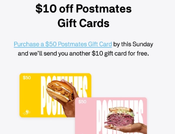 $10 Free Postmates Gift Card Discount